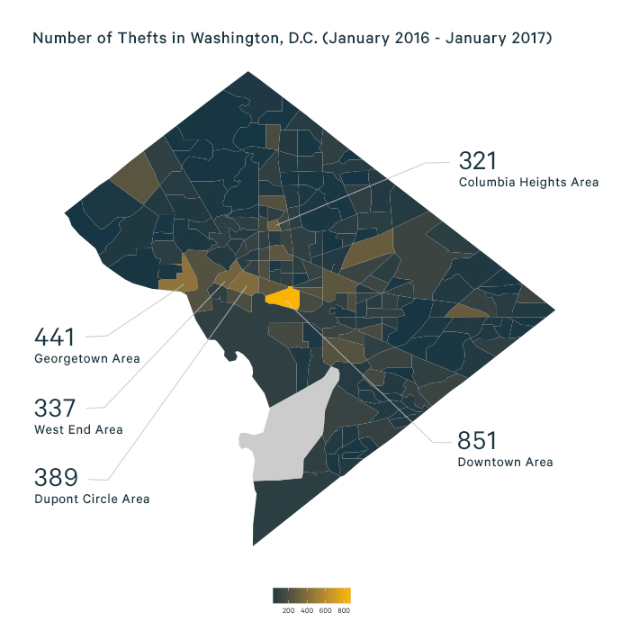 La imagen muestra un mapa de los vecindarios de DC y dónde ocurren la mayoría de los robos